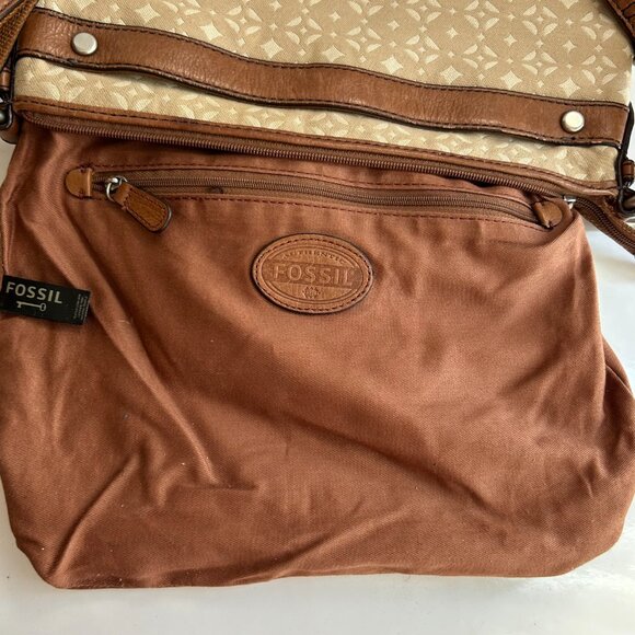 Fossil Maddox Brown Tan Leather Canvas Crossbody / Shoulder Bag - Picture 4 of 16